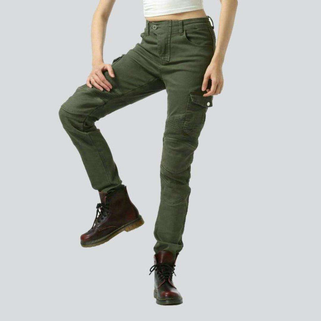 Army green women biker jeans