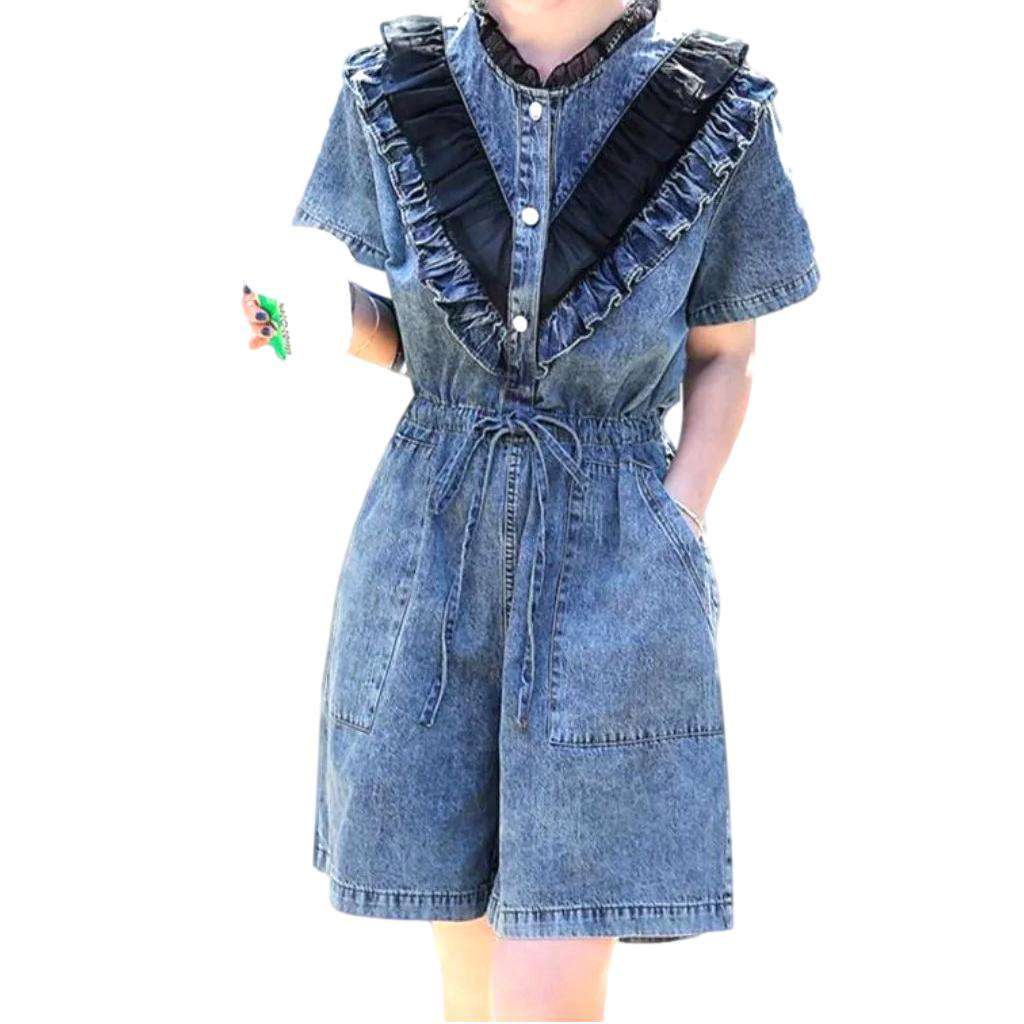 Denim overall shorts with ruffles