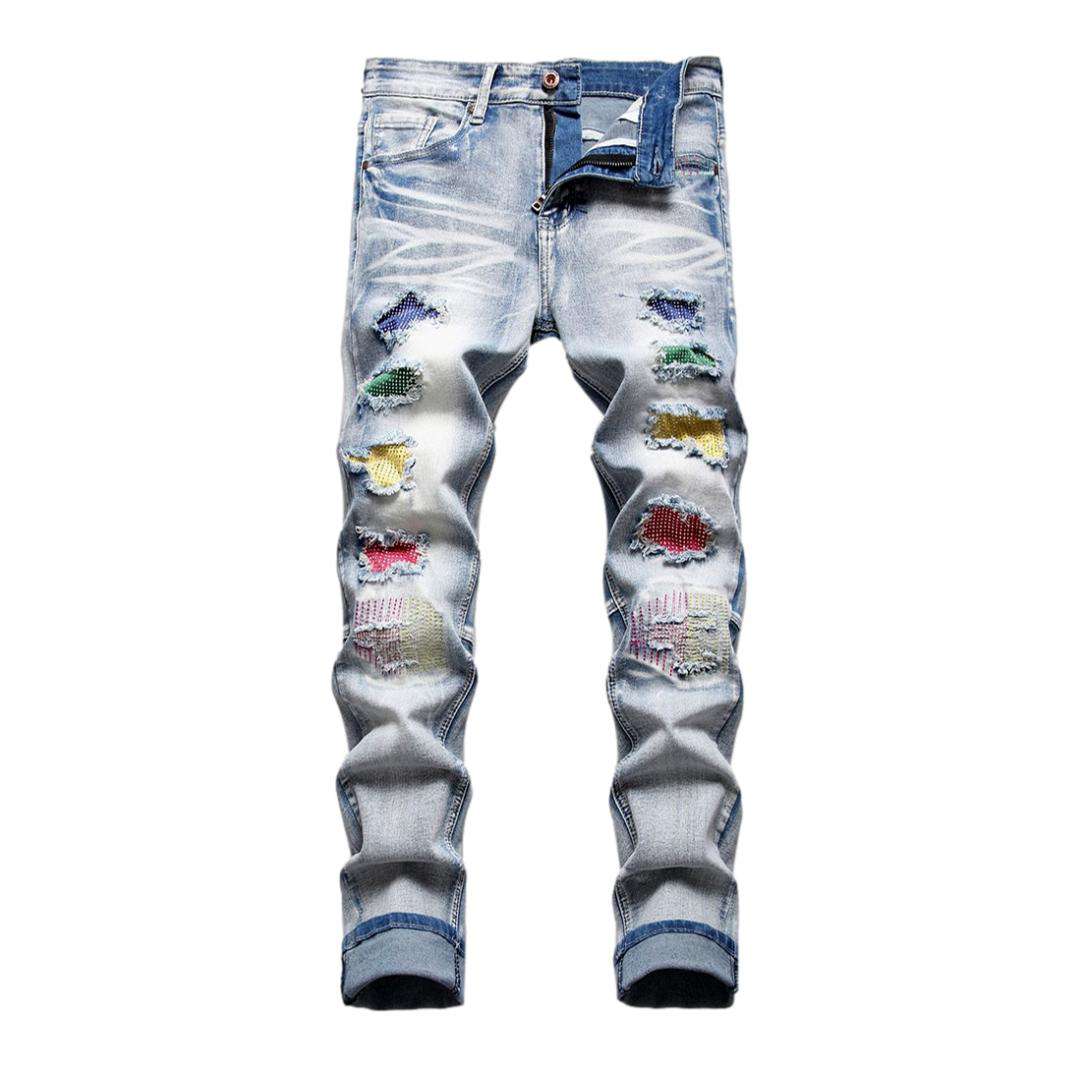 Color-embellished patchwork men jeans