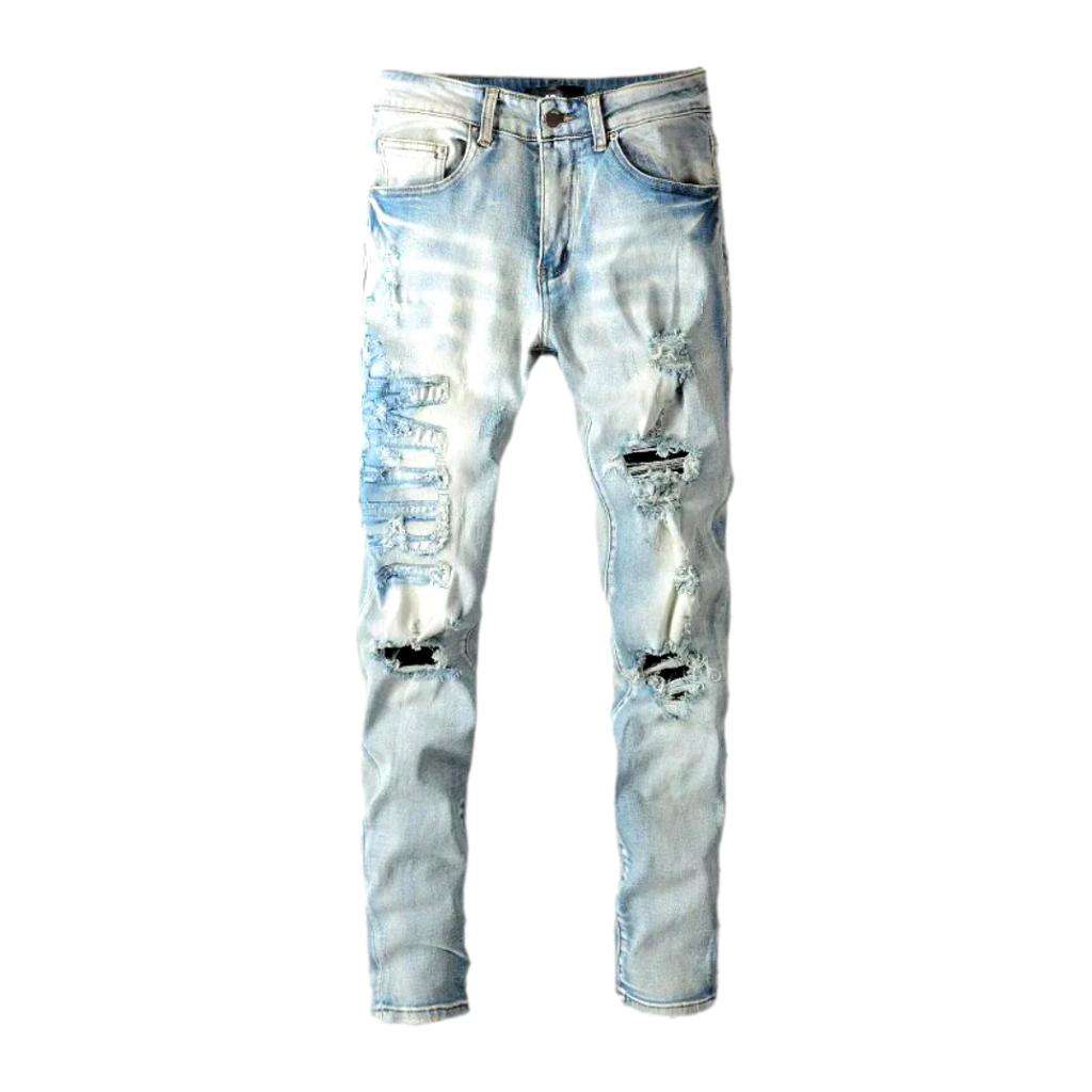 Distressed embroidered jeans for men