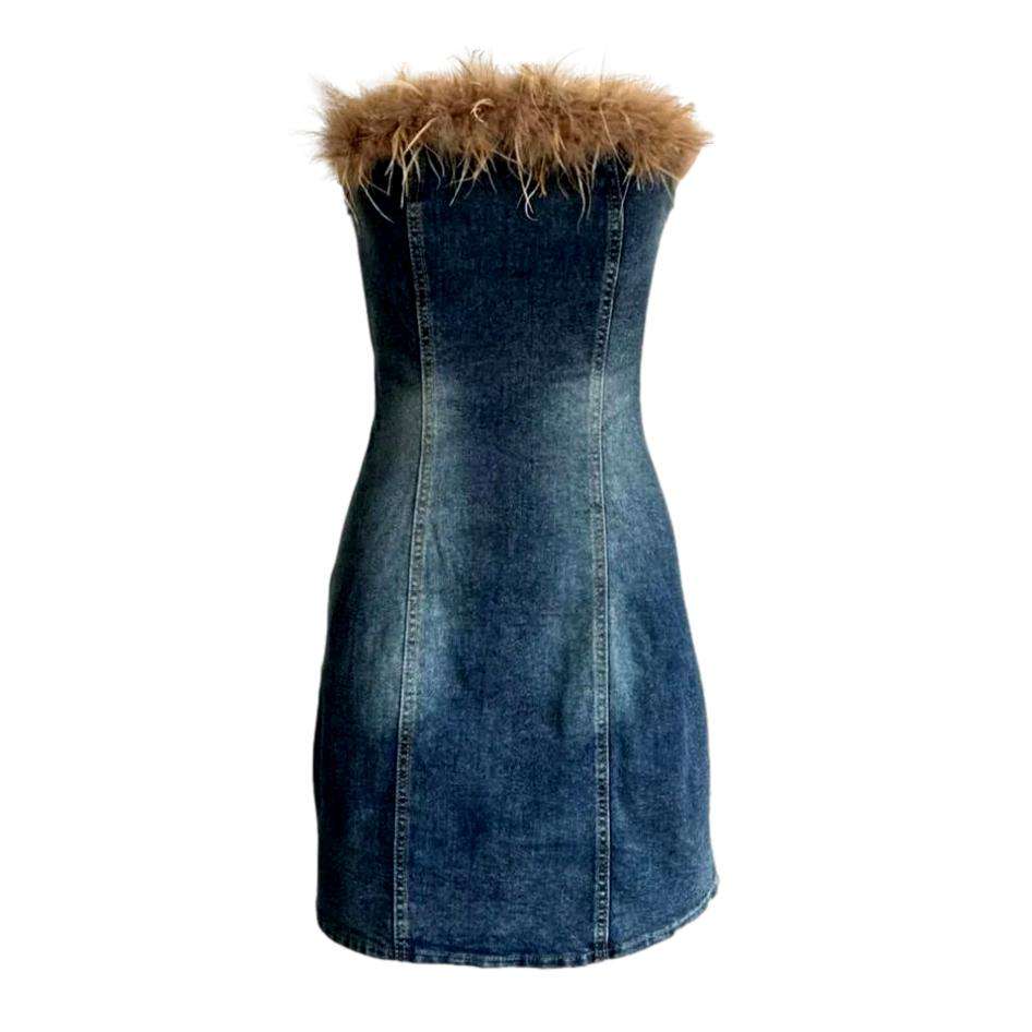 Brown feathers strapless denim dress