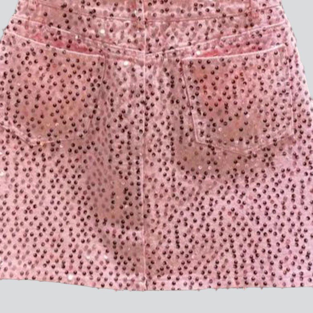 Rihnsotne embellished pink denim skirt