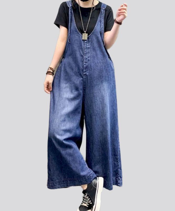 Sanded wide-leg denim jumpsuit for ladies