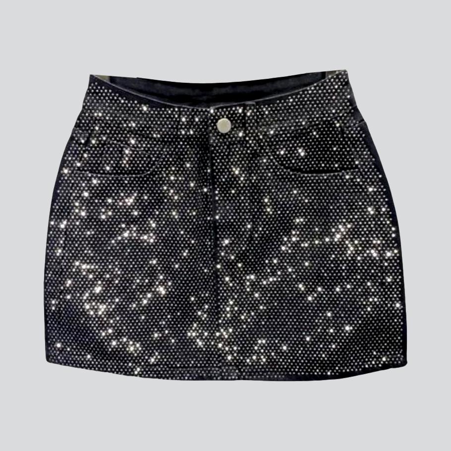 Rhinestone embellished color denim skirt