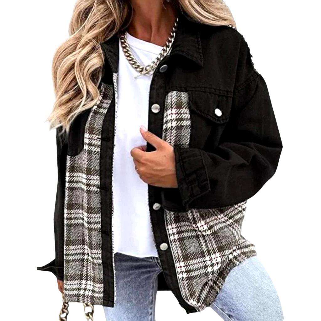 Checkered fashion denim jacket for ladies