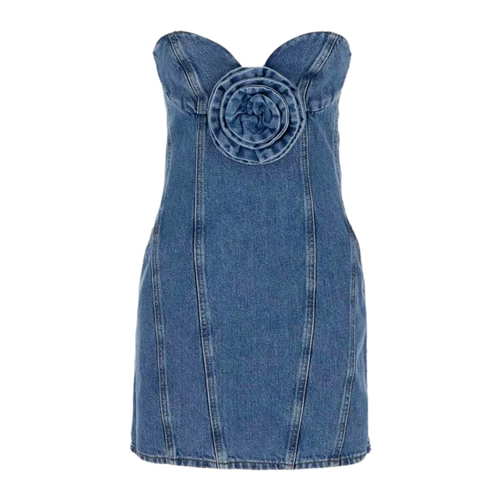 Rose embellished strapless denim dress