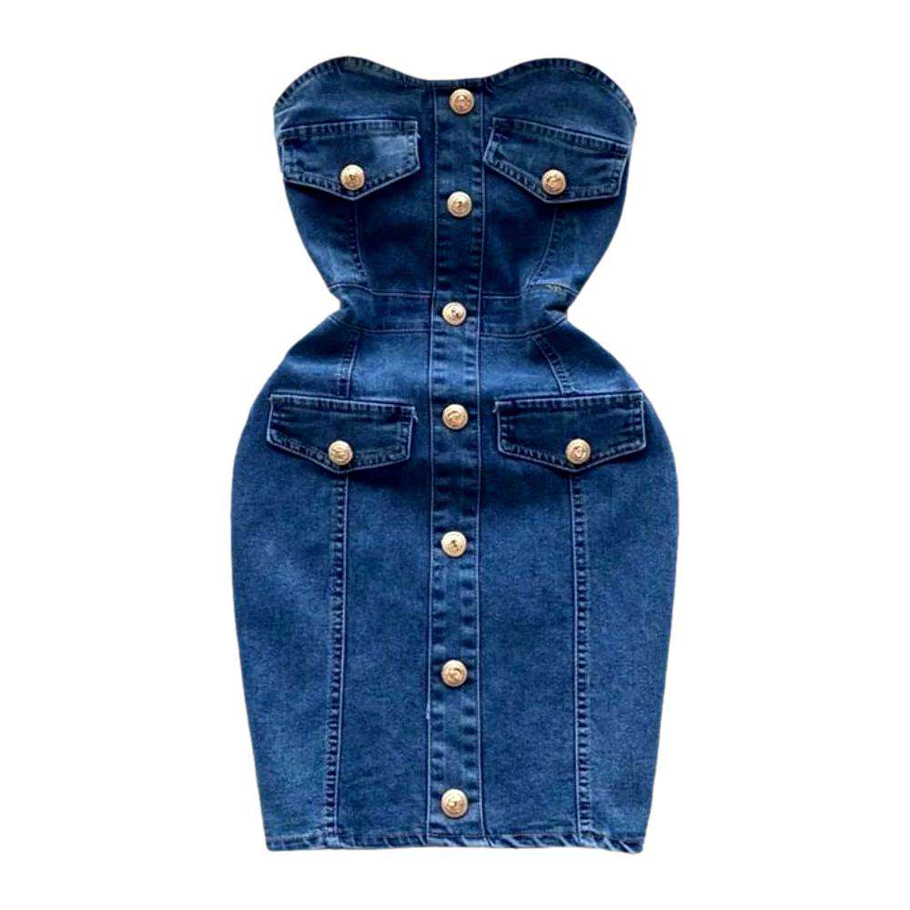 Buttoned strapless denim dress