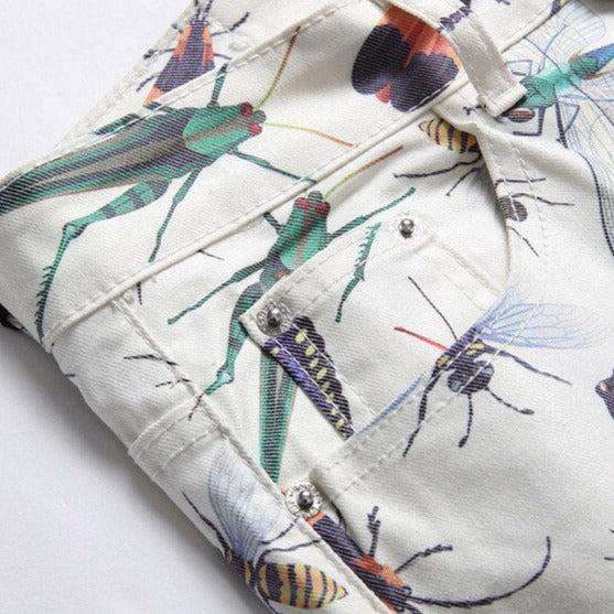 Insect print white men jeans