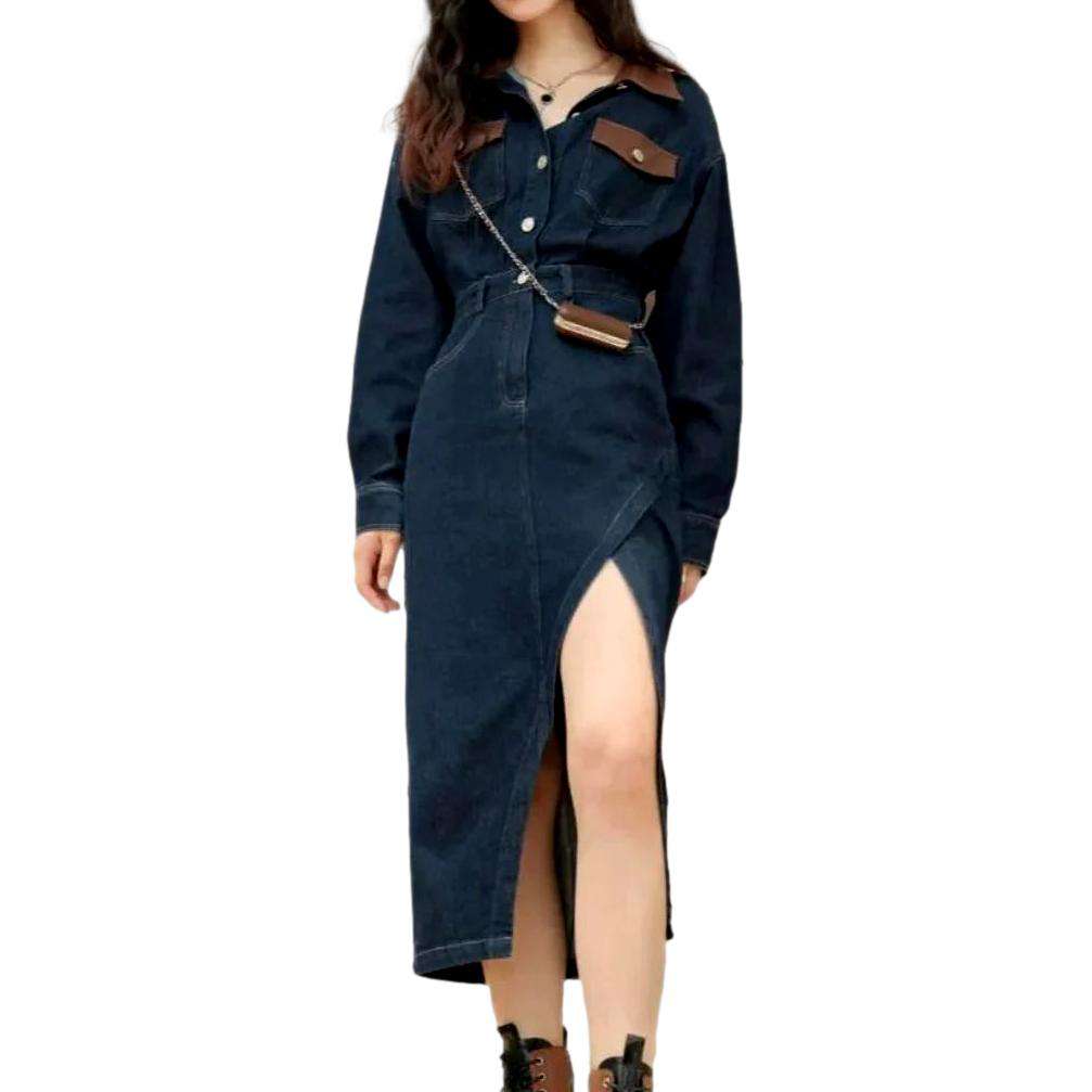 Brown leather collar denim dress