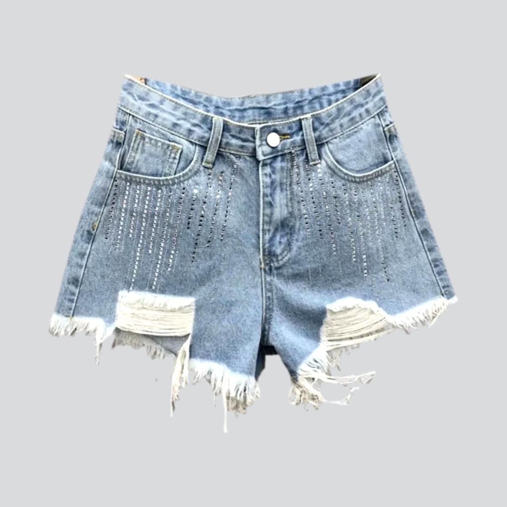 Distressed vertical rhinestone denim shorts