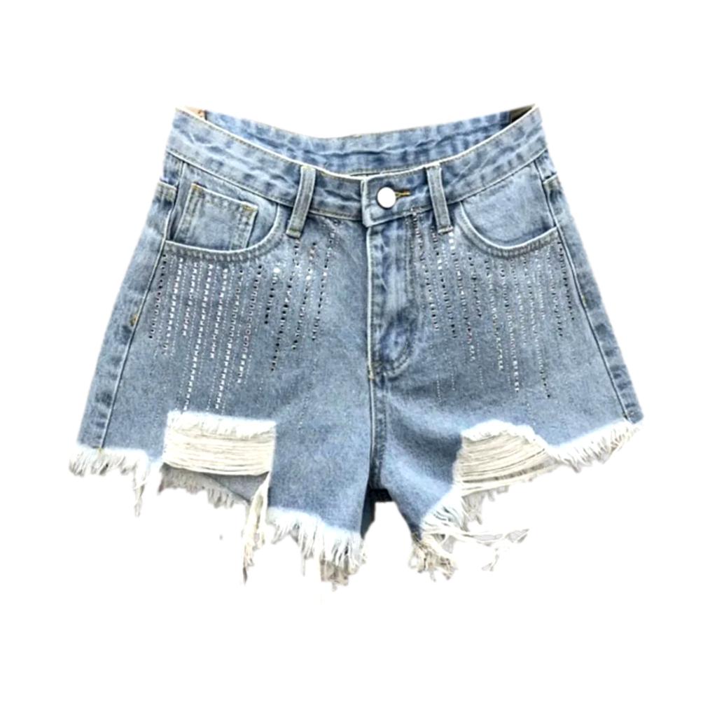 Distressed vertical rhinestone denim shorts