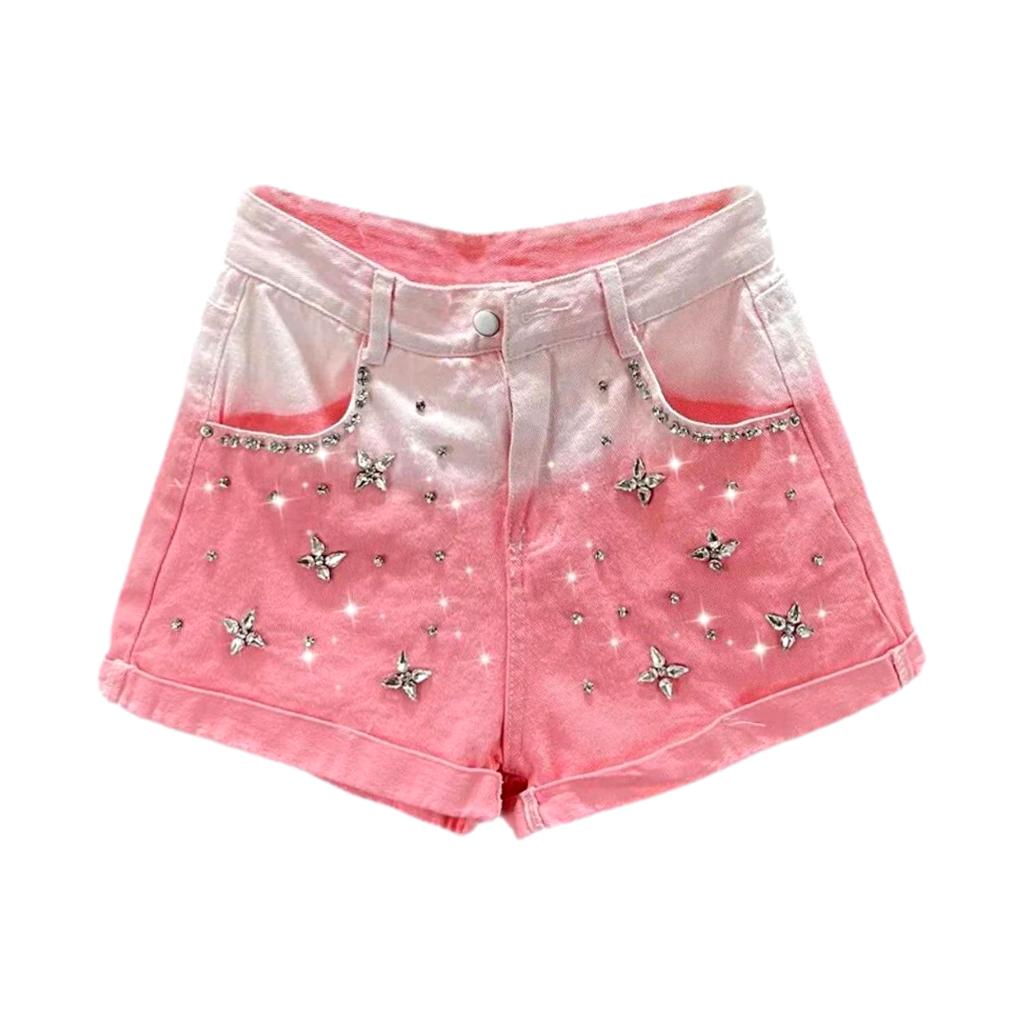 Shorts vaqueros con diamantes de imitación en contraste rosa