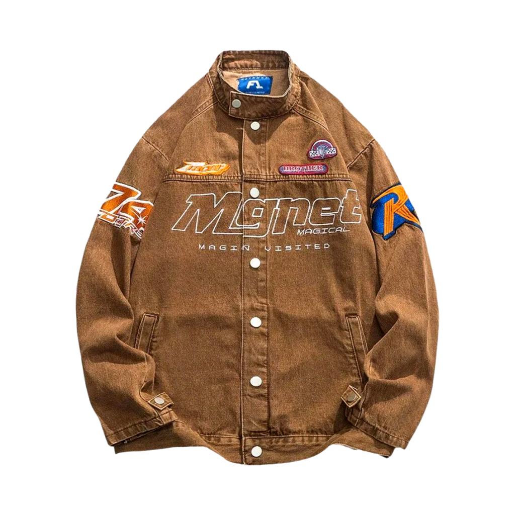 Oversized denim jacket with patches