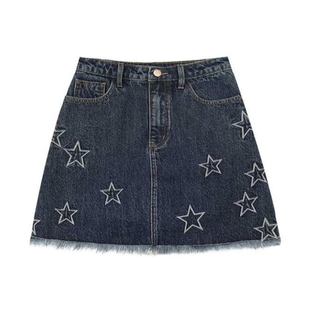 Stars embroidery dark denim skirt