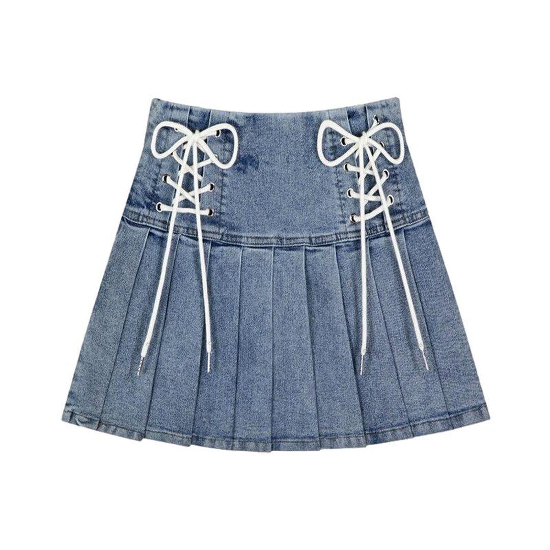 Pleated denim skirt with drawstrings