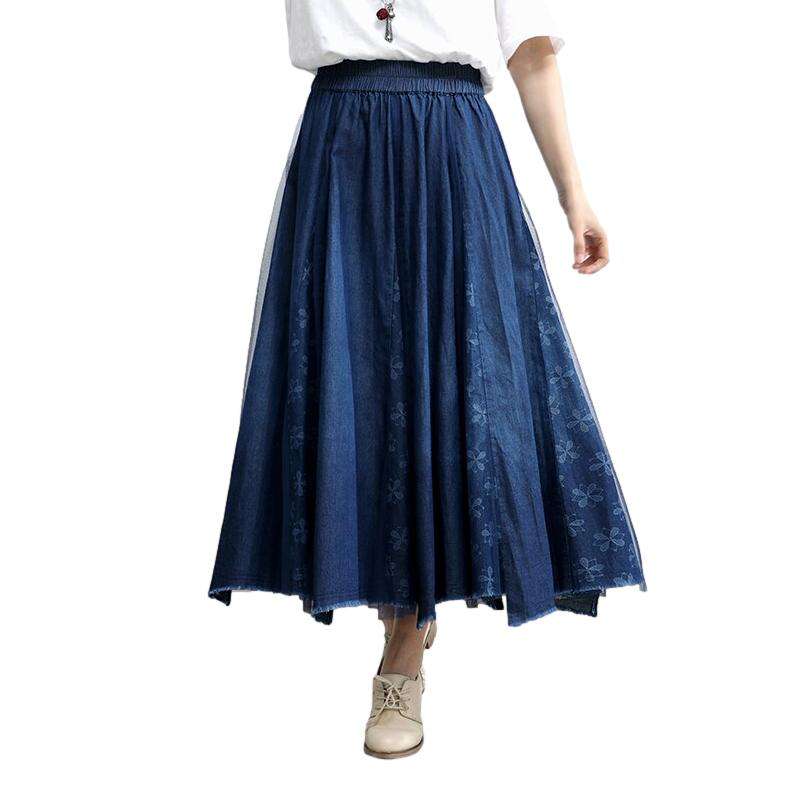 Embroidered elastic waist denim skirt