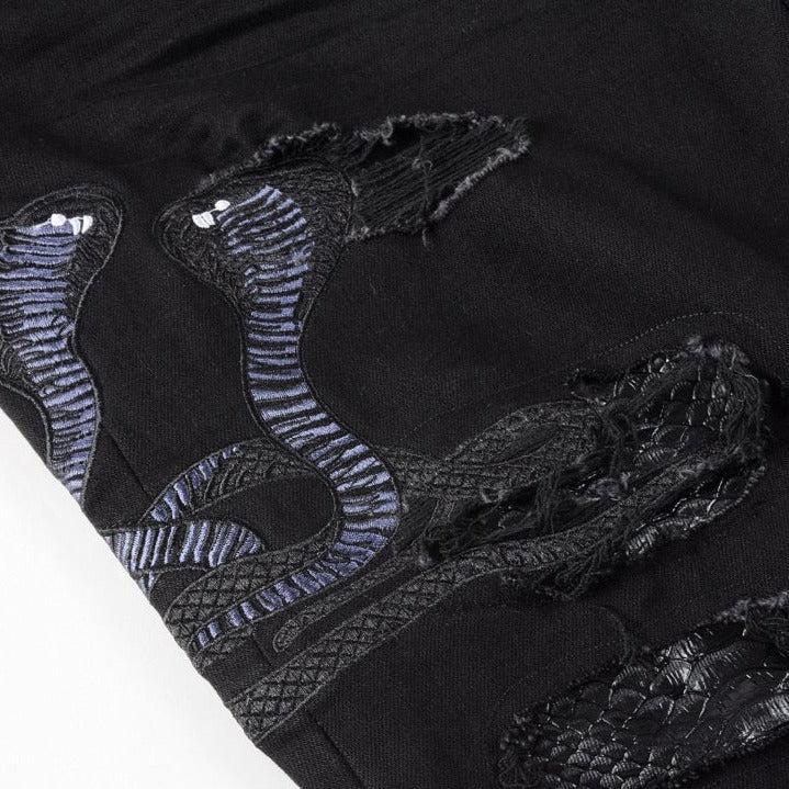 Snake embroidery ripped men jeans