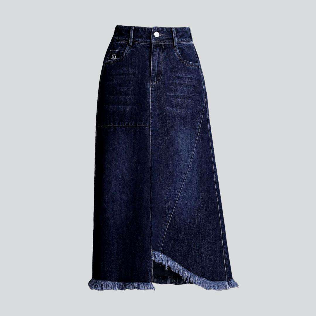 Asymmetric hem dark denim skirt