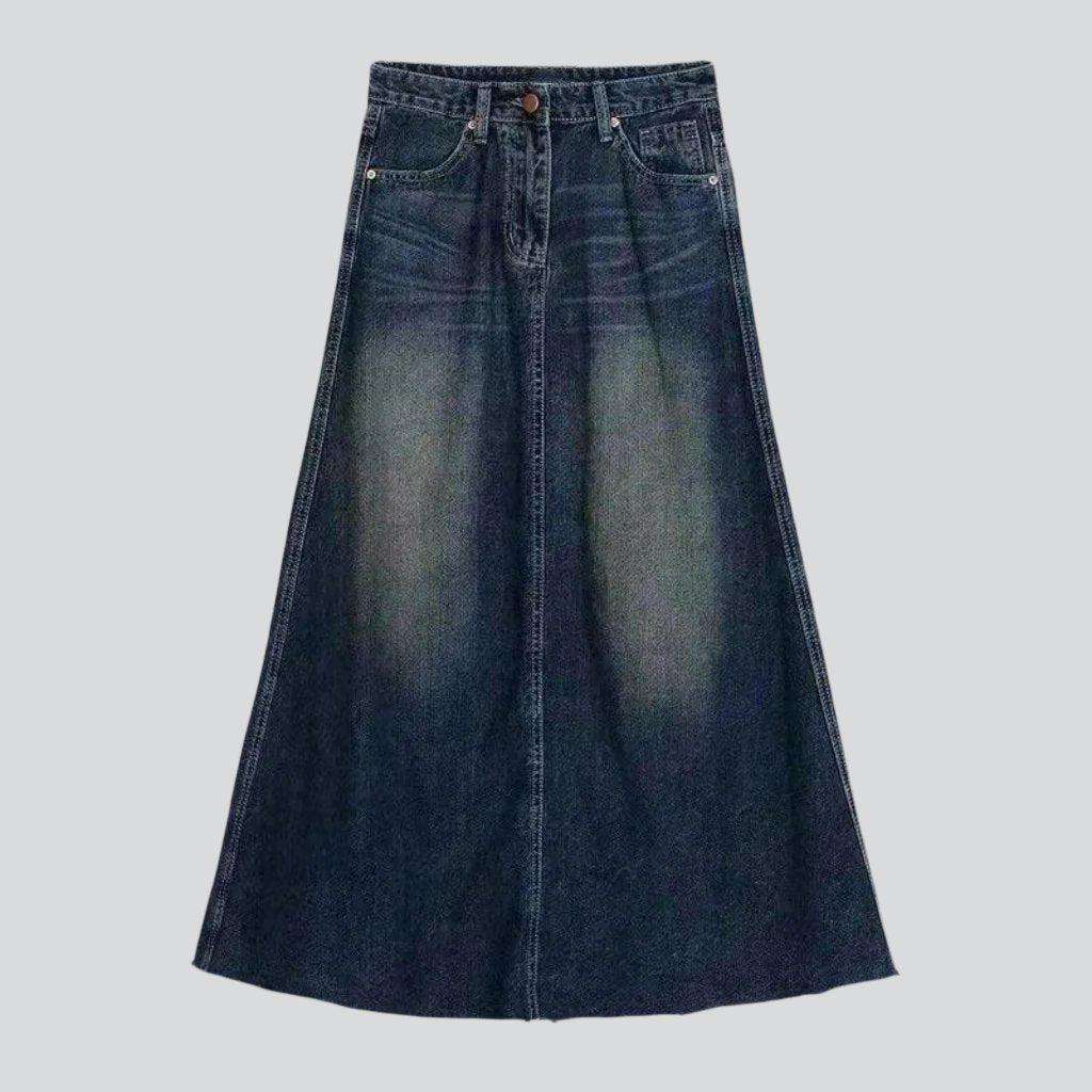 A-line sanded long denim skirt