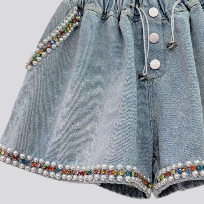 Color pearl embellished denim shorts