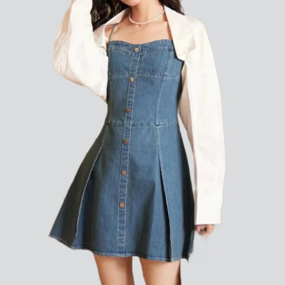 Sleeveless flare mini denim dress