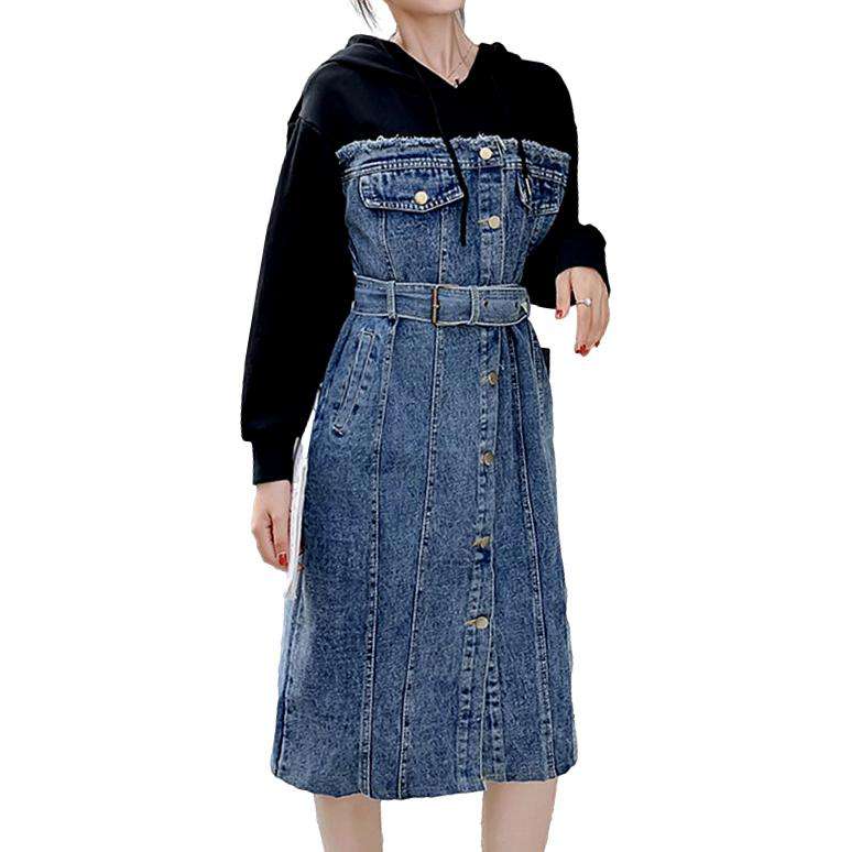 Mixed-fabric hooded denim dress