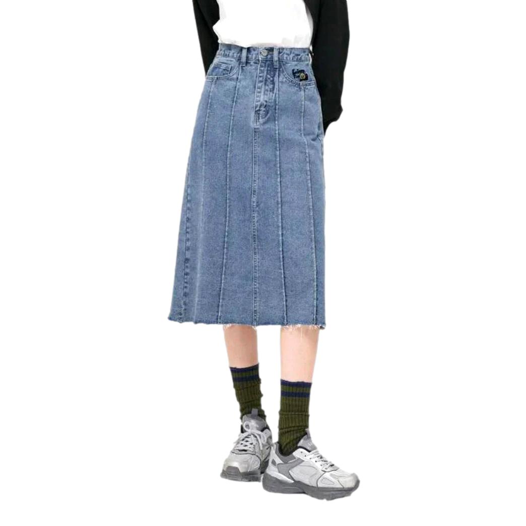 Panda embroidery midi denim skirt