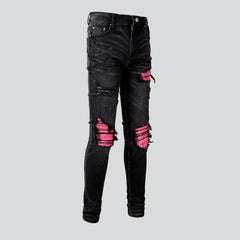 Pink patch men biker jeans