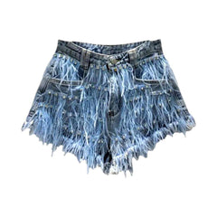 Embellished fringe distressed denim shorts