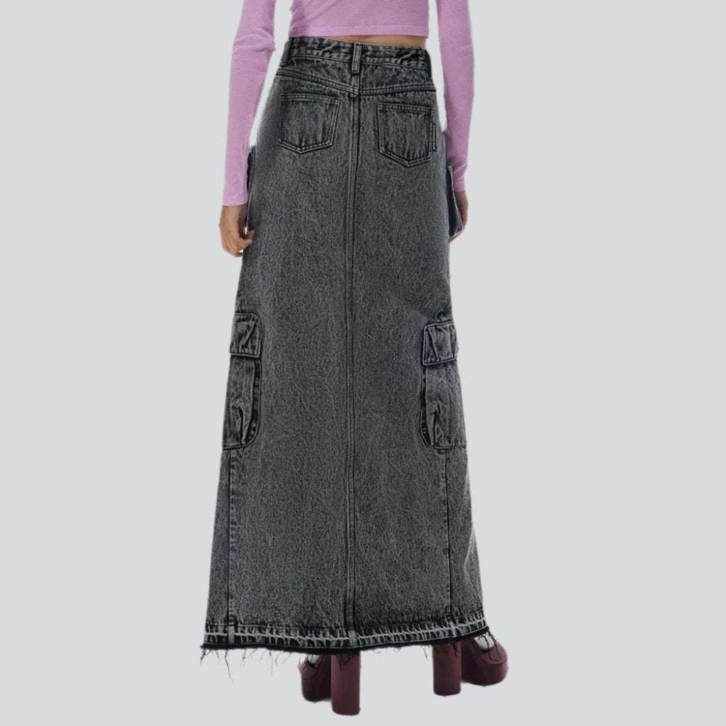 High-slit cargo denim skirt