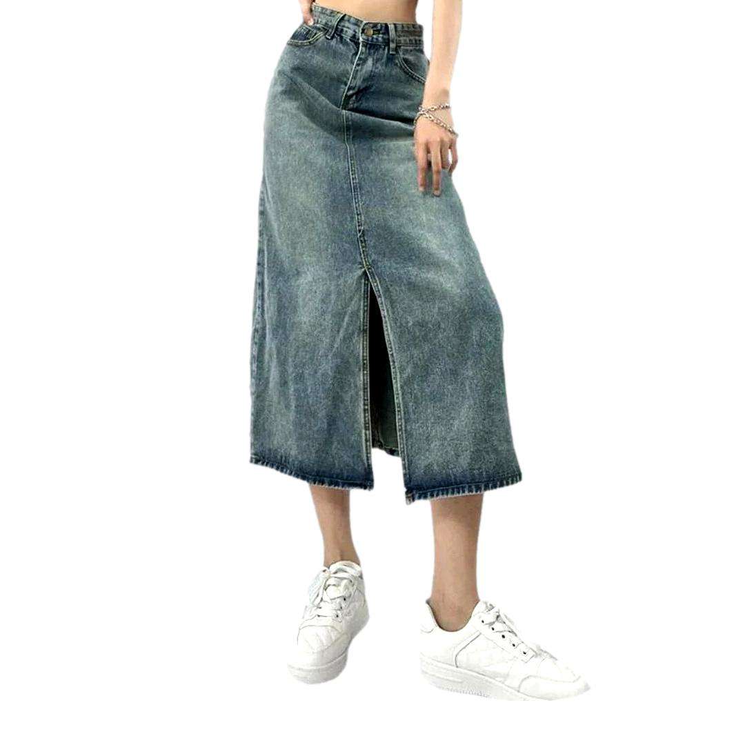 Front split vintage denim skirt