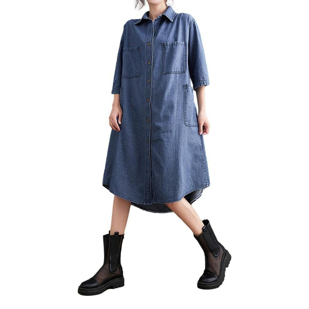 Shirt like long denim dress