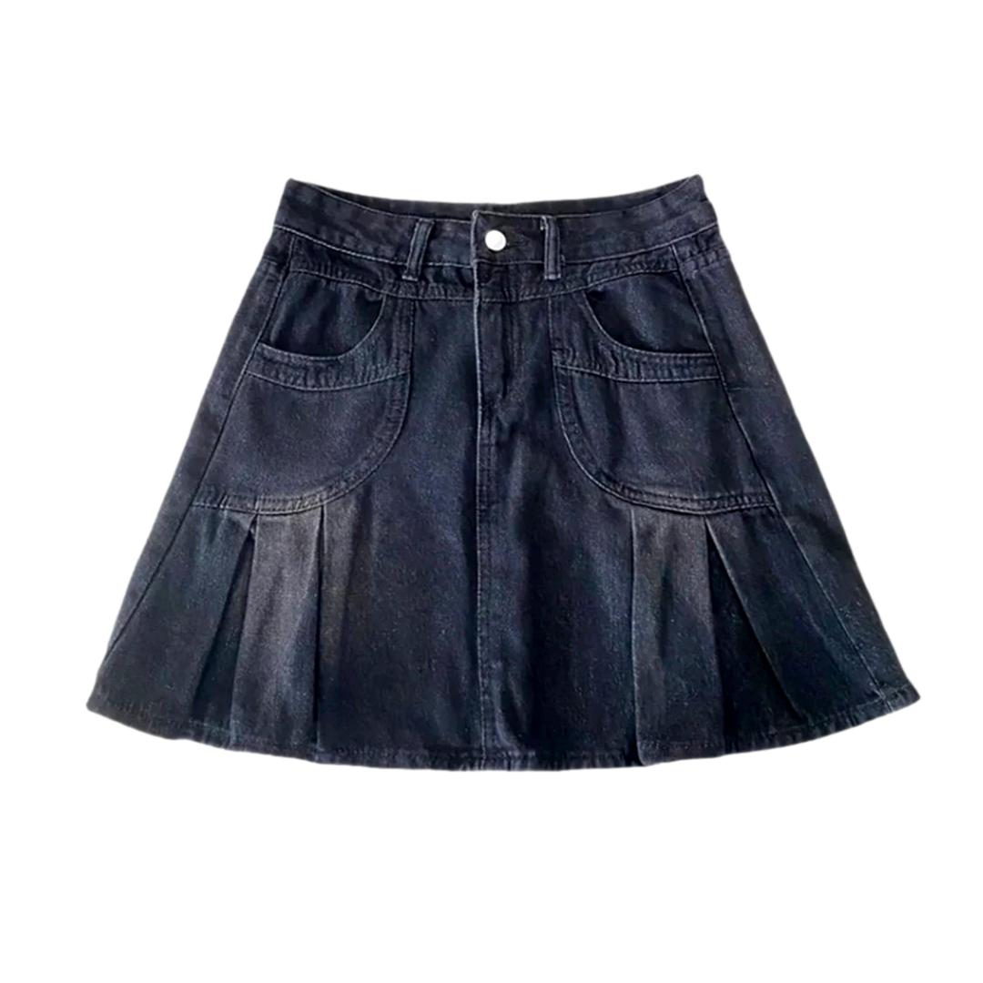 Vintage black pleated denim skirt