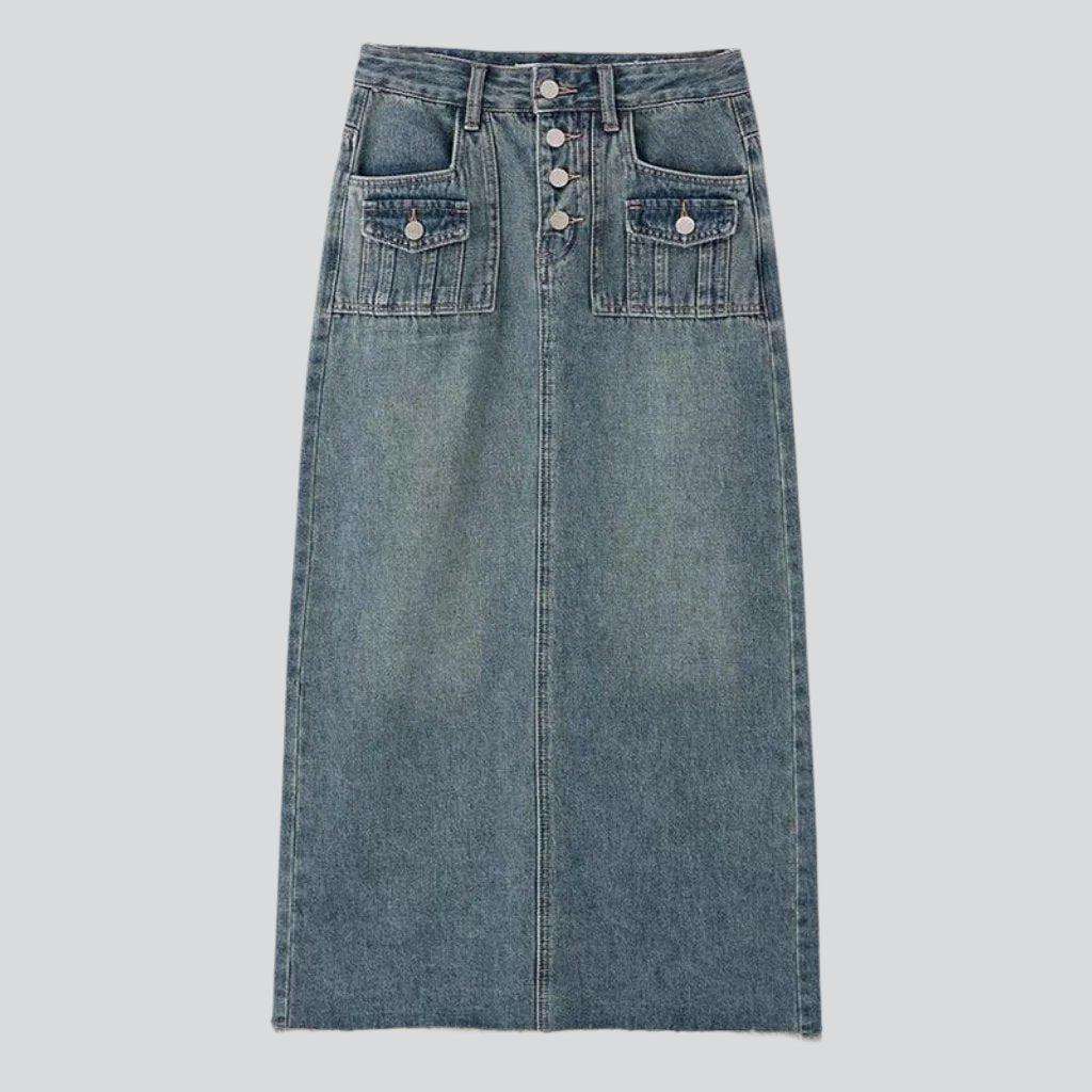 Mini flap pocket denim skirt