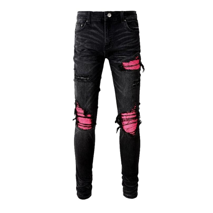 Pink patch men biker jeans