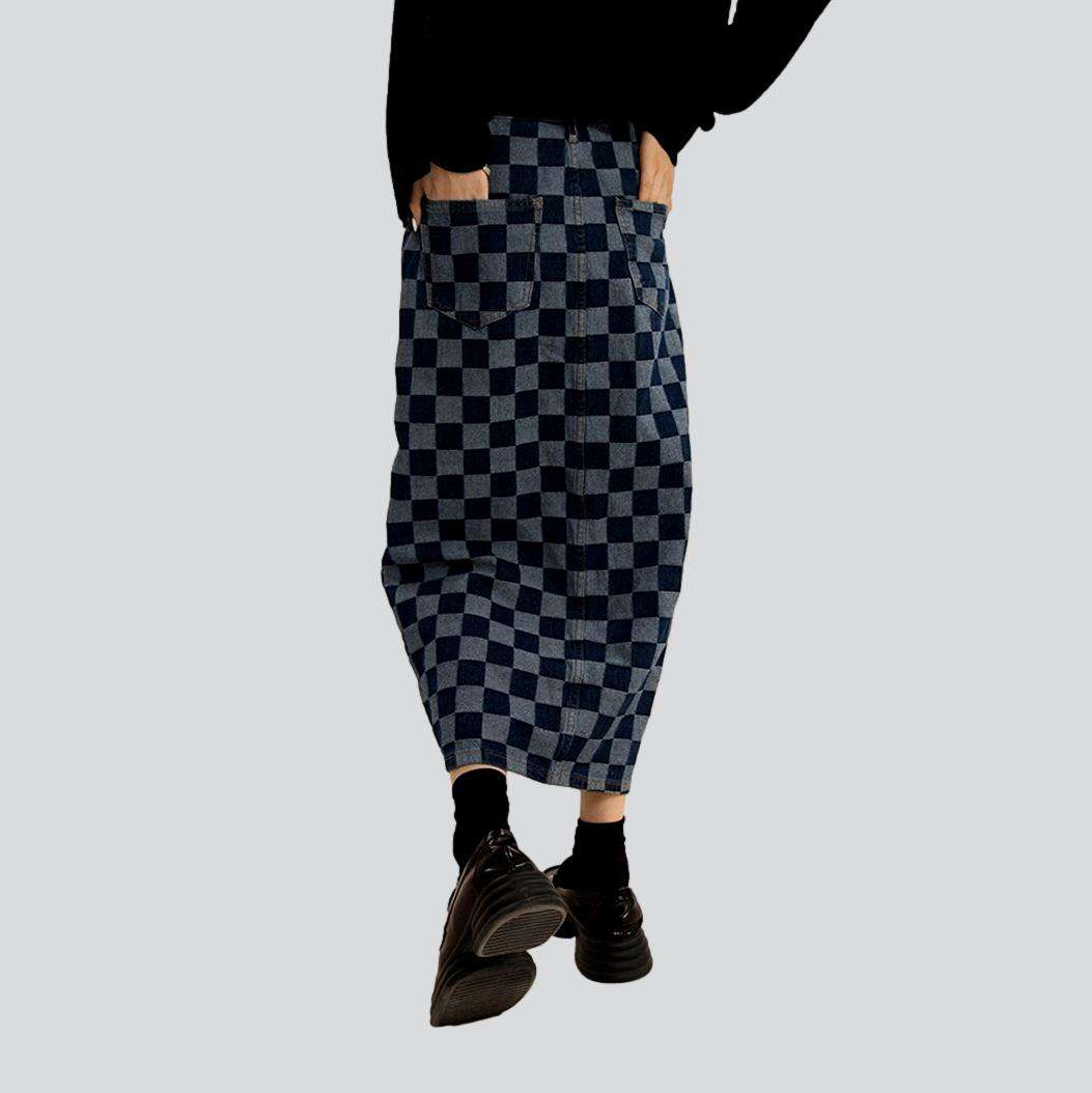 Checkered long denim skirt