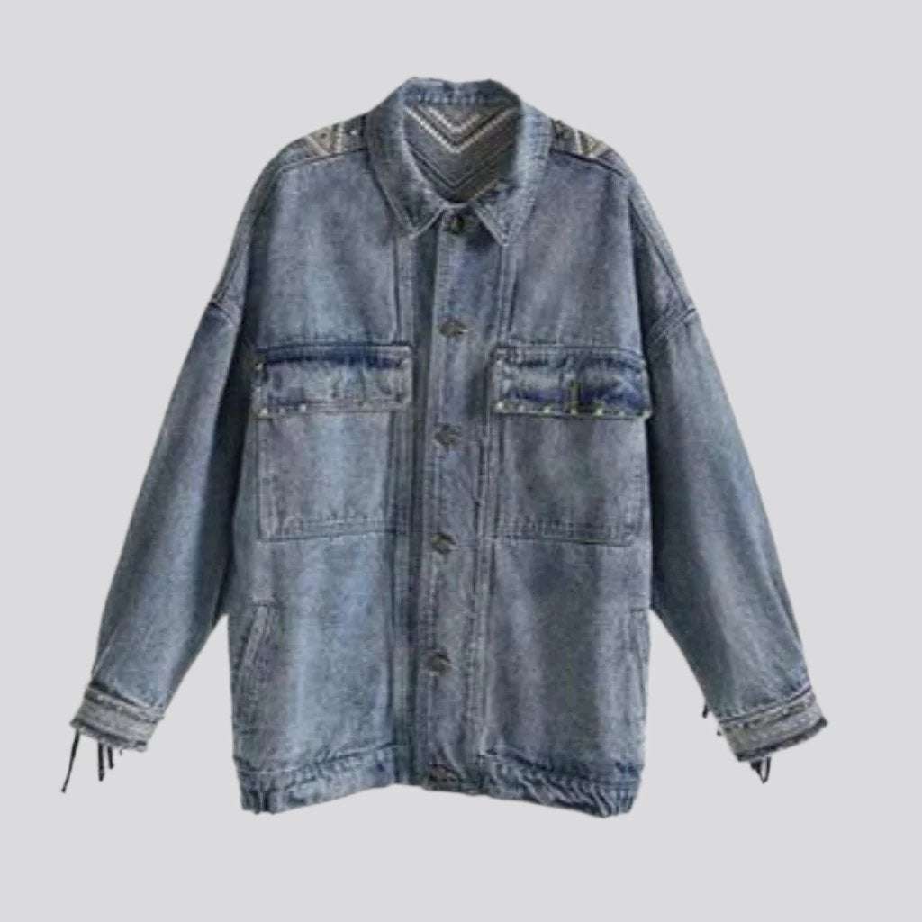 Embroidered fringe denim jacket for ladies