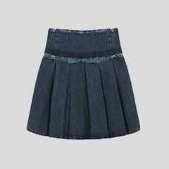 Distressed waistband mini denim skirt