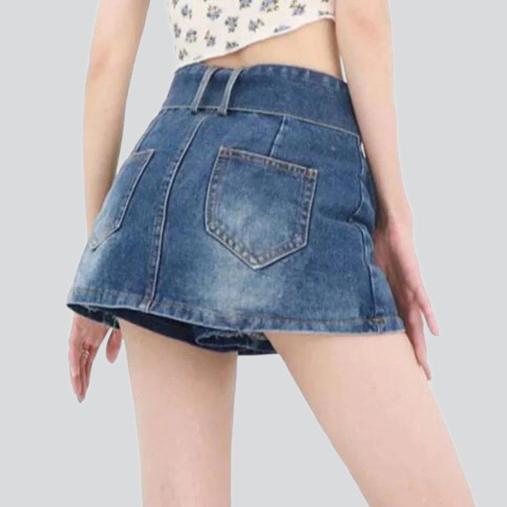 Wide belt short denim skirt