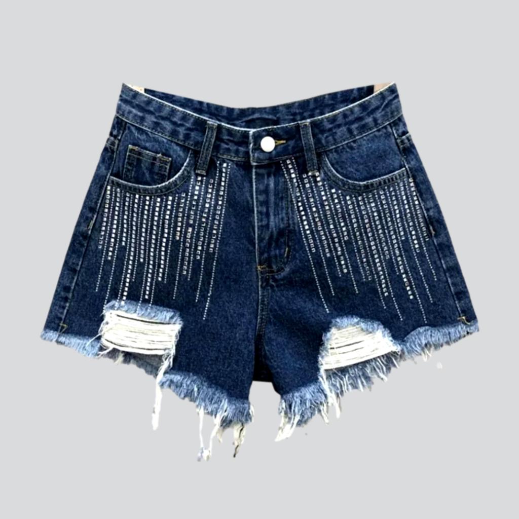 Distressed vertical rhinestone denim shorts