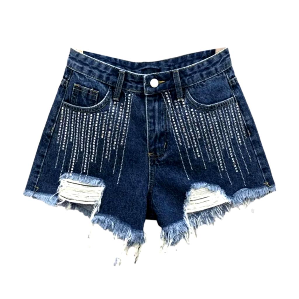 Distressed vertical rhinestone denim shorts