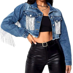 Fringe cropped women denim jacket