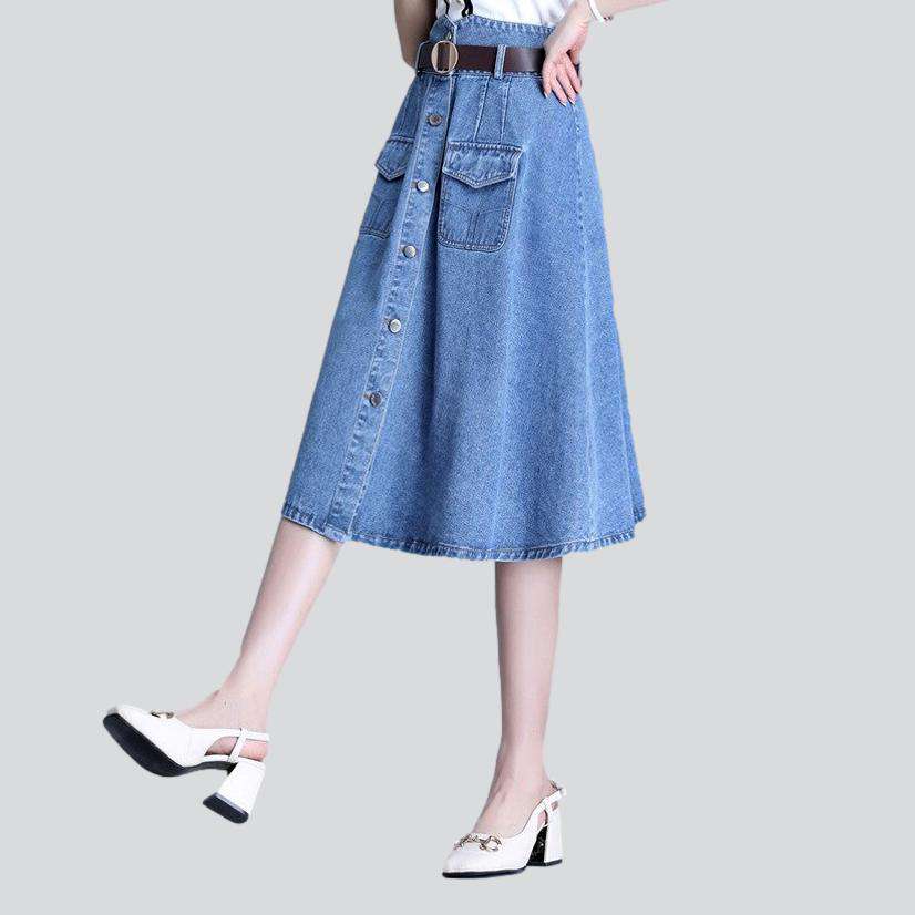 Flap pocket flared denim skirt