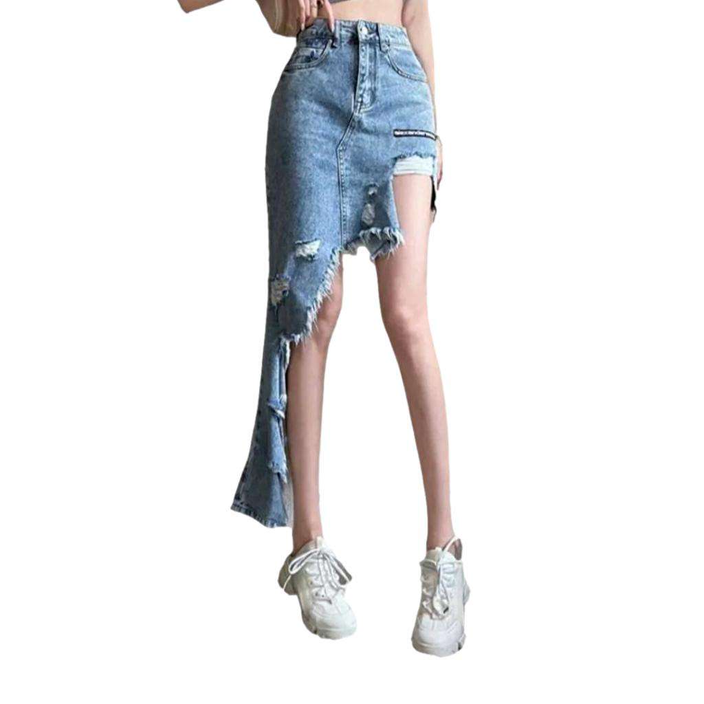 Long asymmetric hem denim skirt