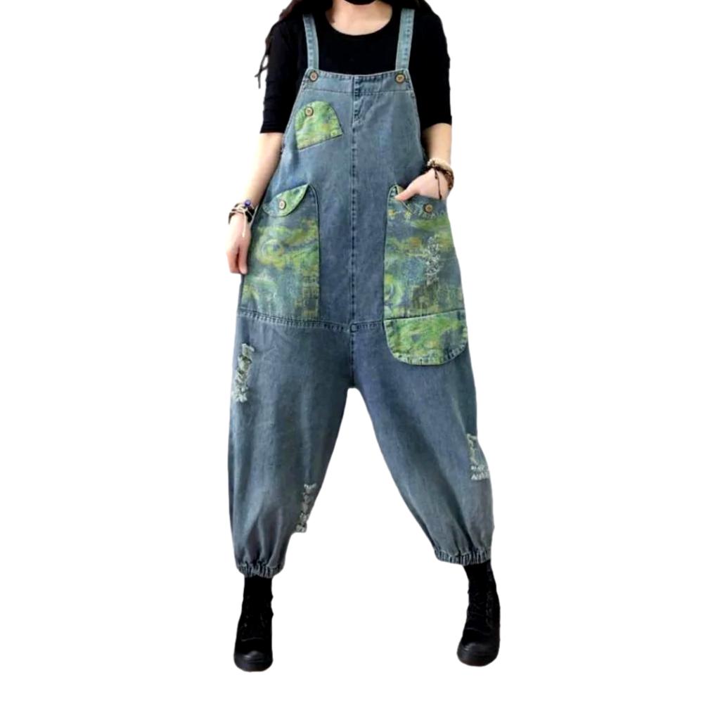 Rubber leg hem women denim jumpsuit