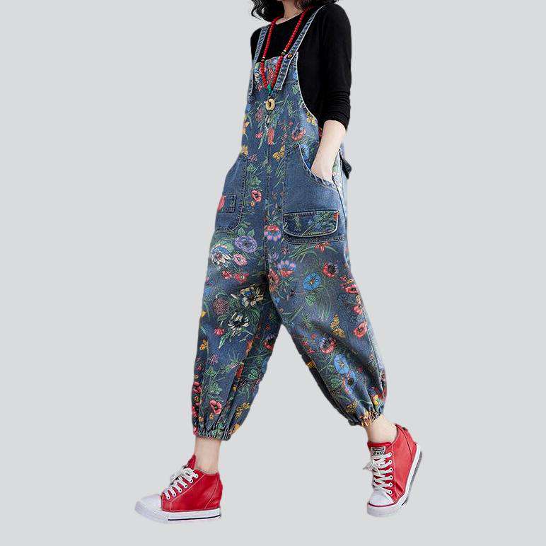 Flower print women denim jumpsuit