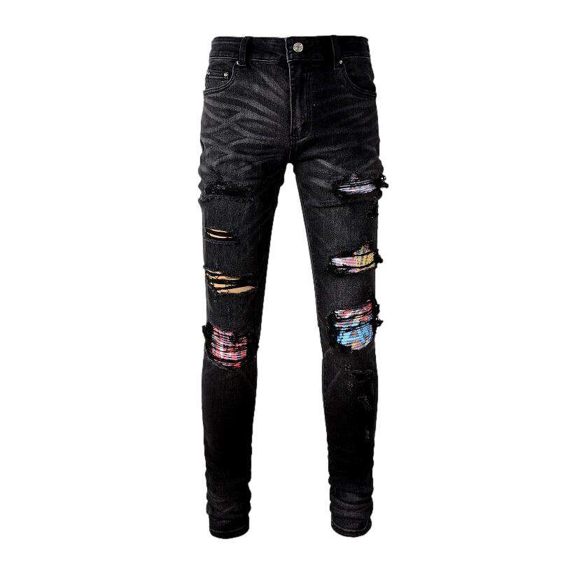 Patchwork-Bikerjeans mit Graffiti-Print