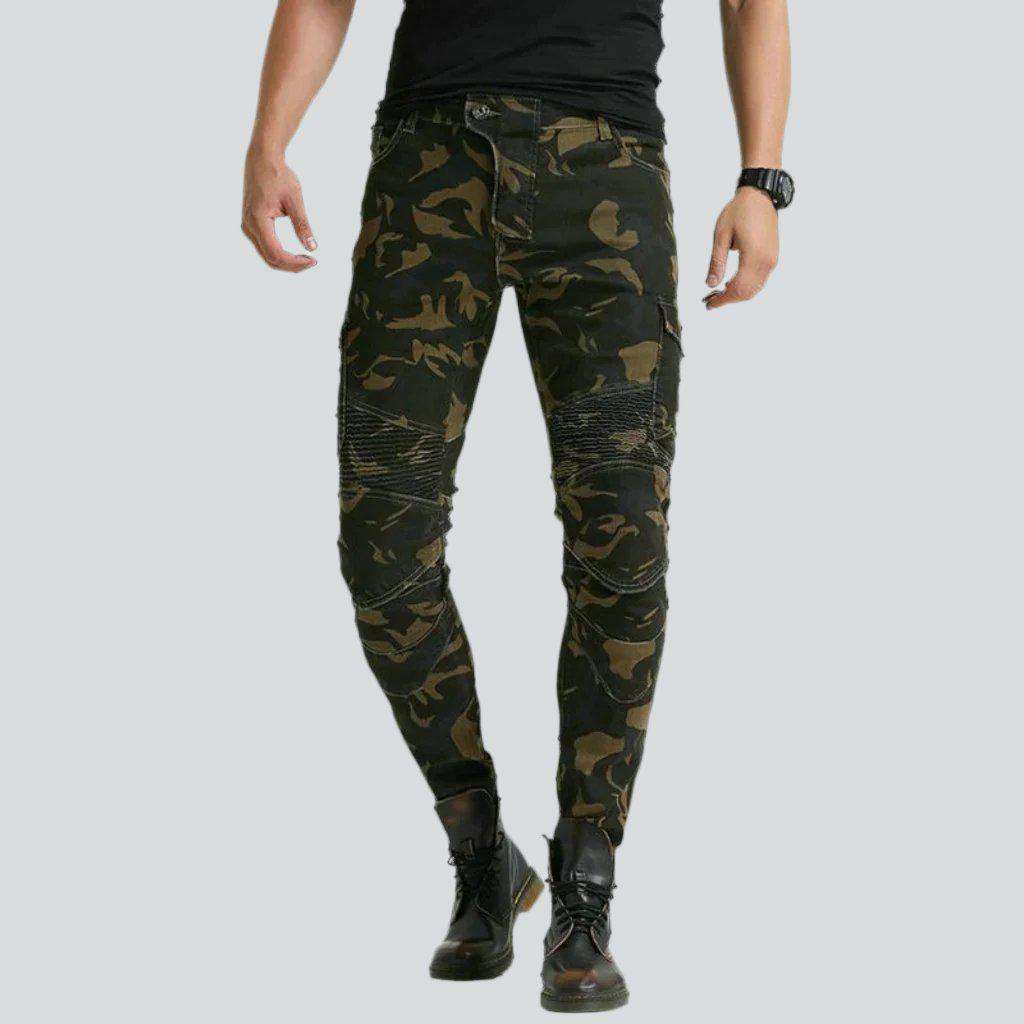 Camouflage print men moto jeans