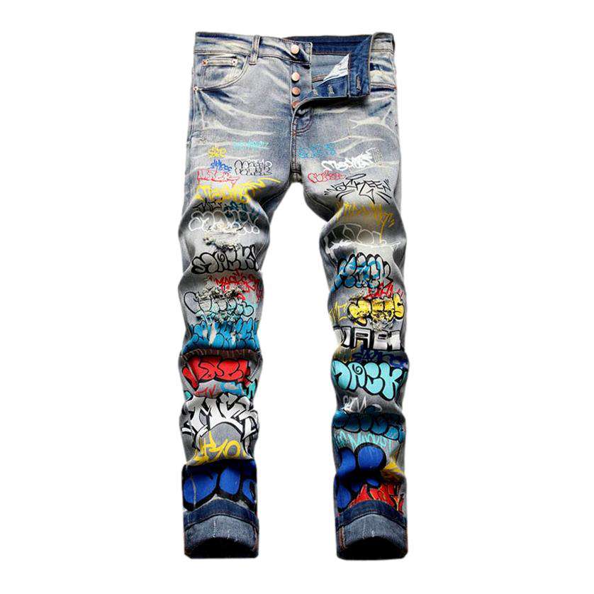 Graffiti print ripped men jeans