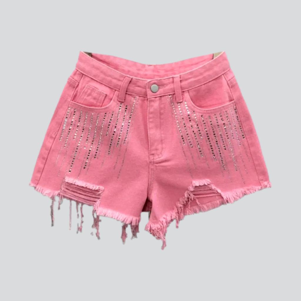 Distressed vertical rhinestone denim shorts